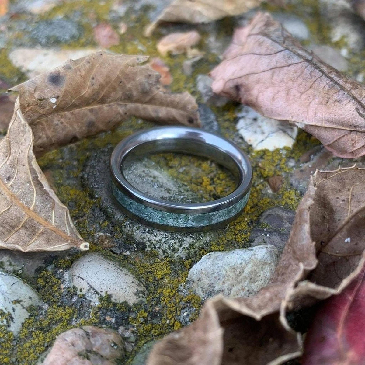 Moss Agate Ring  - Titanium Wedding Band - Engraved