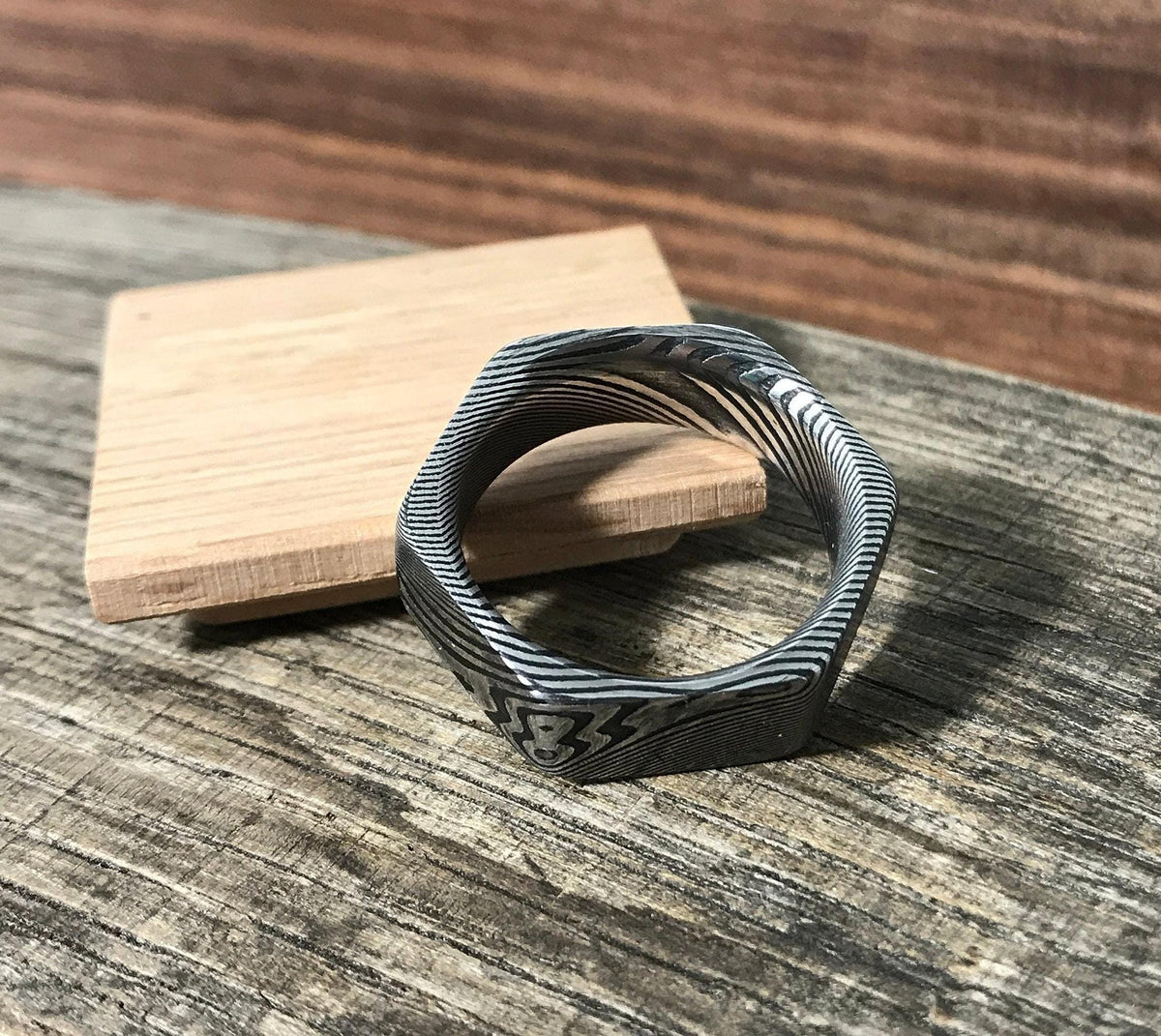 Damascus Steel Ring - Custom Made Hexagonal Wedding Band for Men