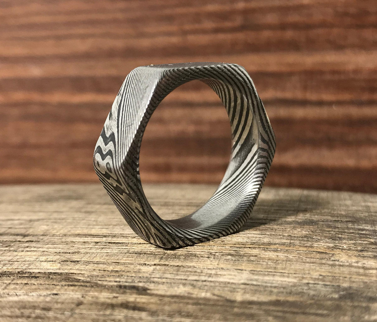 Damascus Steel Ring - Custom Made Hexagonal Wedding Band for Men