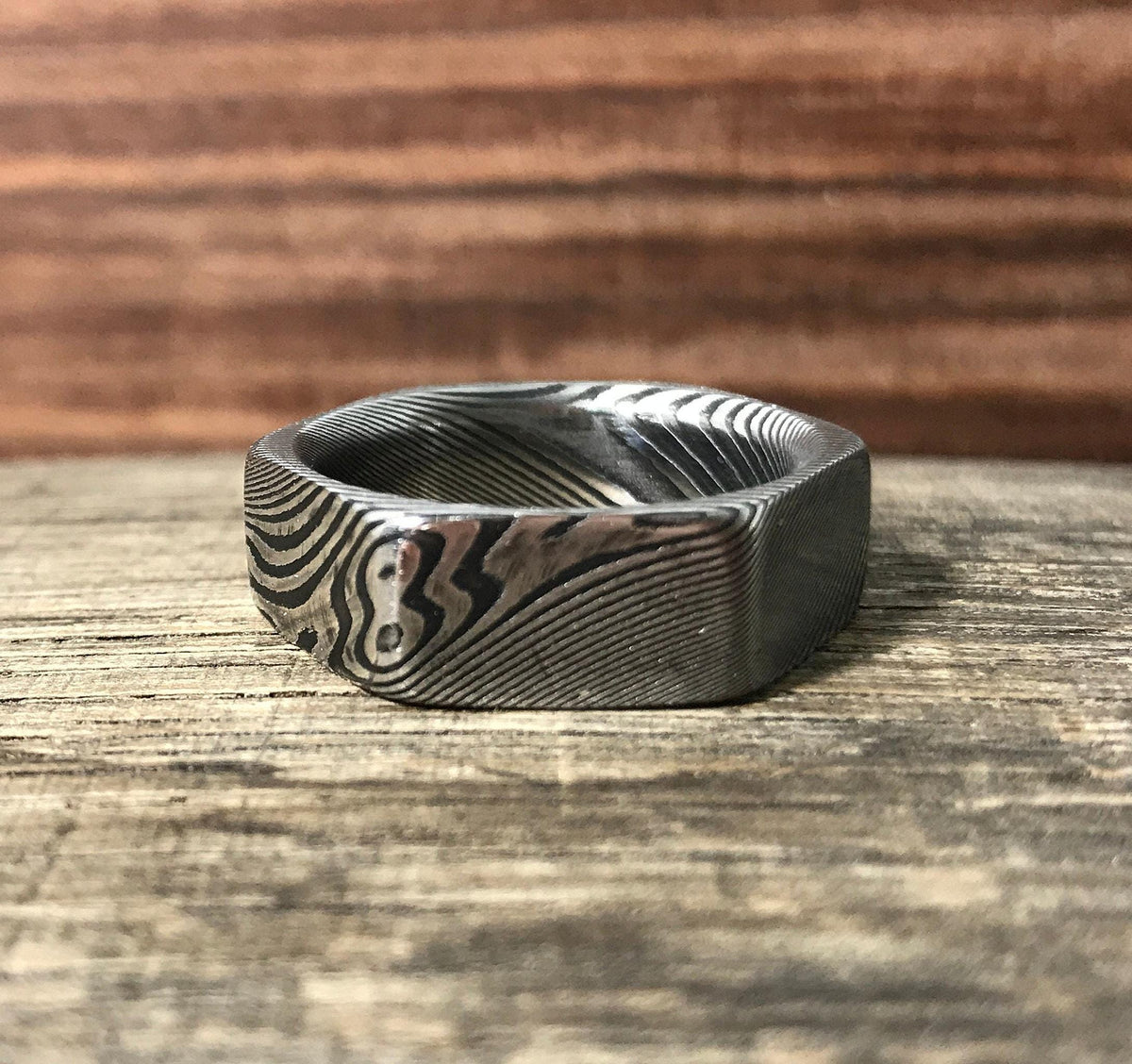 Damascus Steel Ring - Custom Made Hexagonal Wedding Band for Men