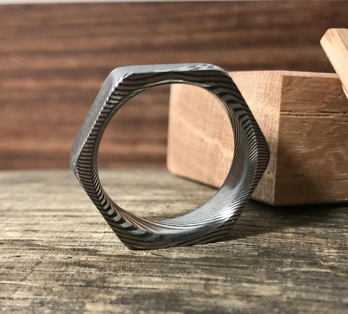 Damascus Steel Ring - Custom Made Hexagonal Wedding Band for Men