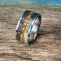 Meteorite Ring Mens with Dinosaur Bone and Wood Inlay - Wedding Band, Engraved