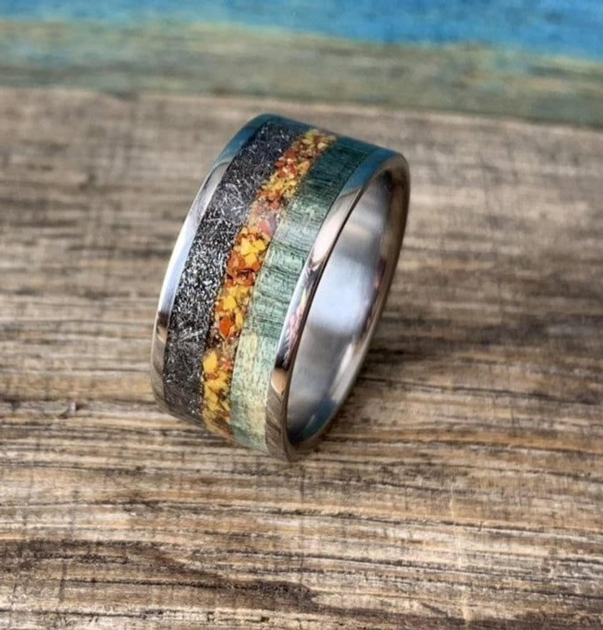 Meteorite Ring Mens with Dinosaur Bone and Wood Inlay - Wedding Band, Engraved