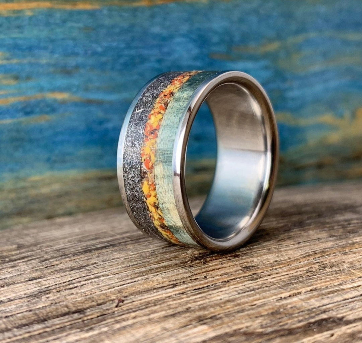 Meteorite Ring Mens with Dinosaur Bone and Wood Inlay - Wedding Band, Engraved