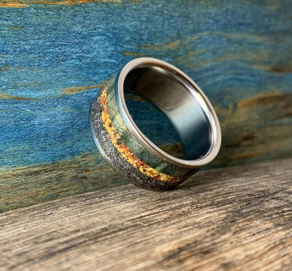 Meteorite Ring Mens with Dinosaur Bone and Wood Inlay - Wedding Band, Engraved