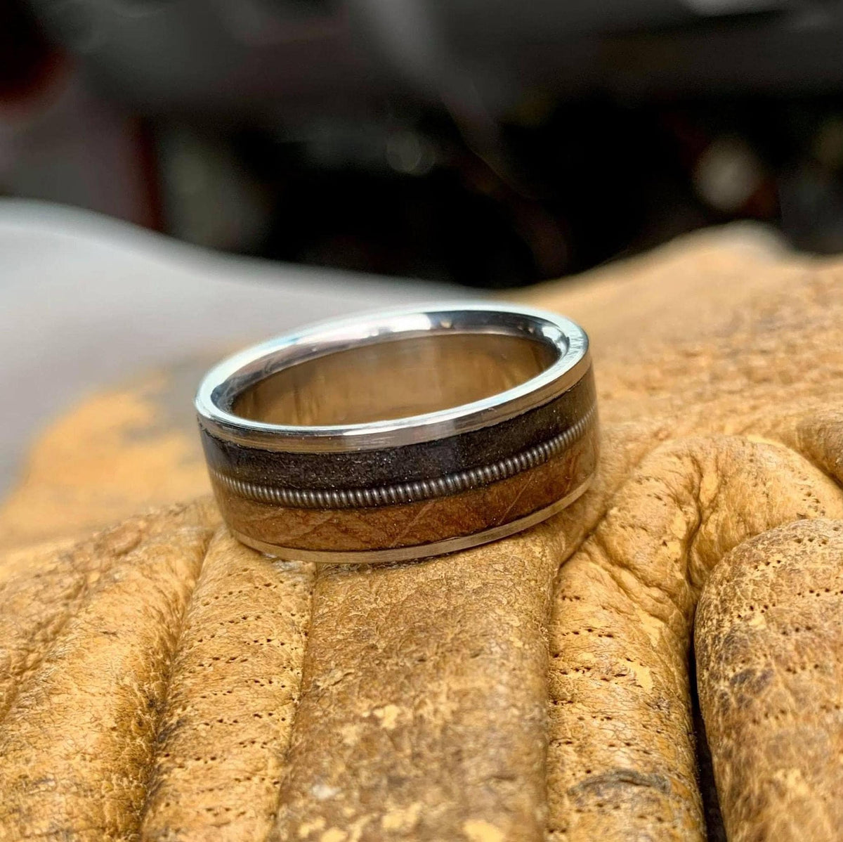 Whiskey Barrel Ring -Titanium Wedding Band with Guitar String Inlay -  The Gunslinger