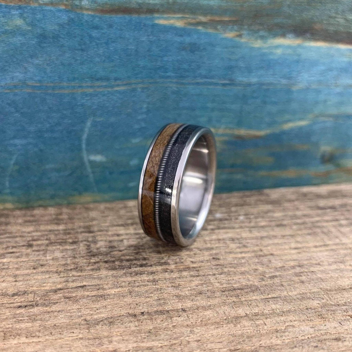 Whiskey Barrel Ring -Titanium Wedding Band with Guitar String Inlay -  The Gunslinger