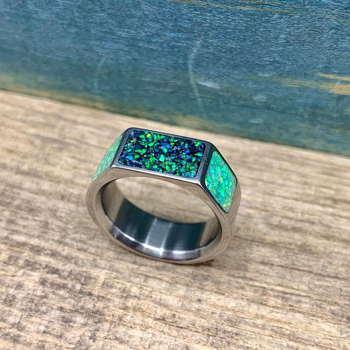 Men's Opal Ring in Titanium - Green Lab Signet Band for Male Engagement