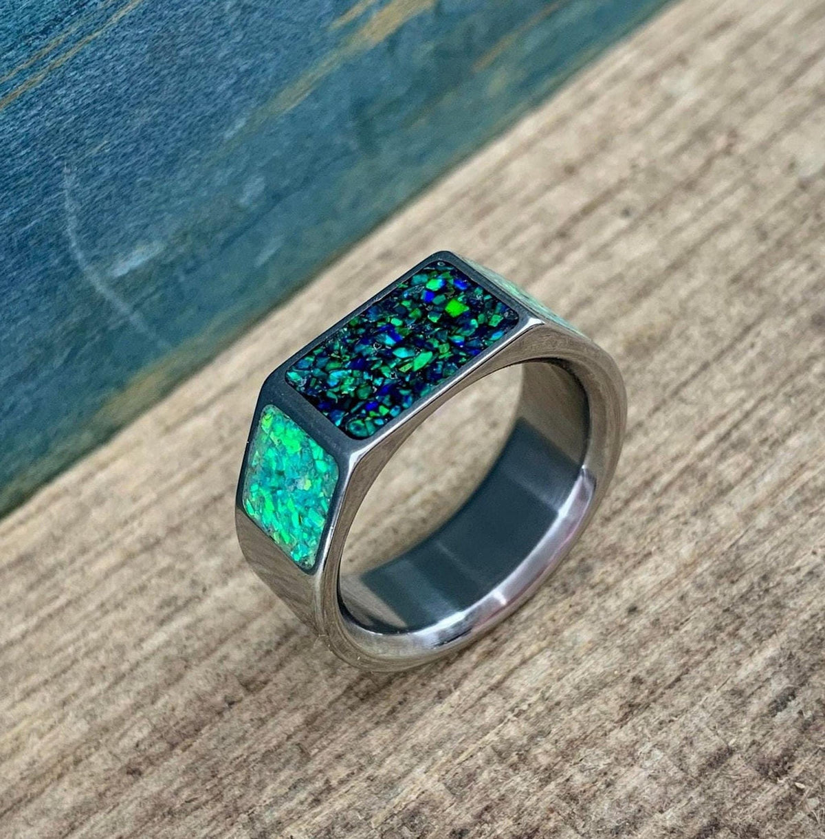 Men's Opal Ring in Titanium - Green Lab Signet Band for Male Engagement