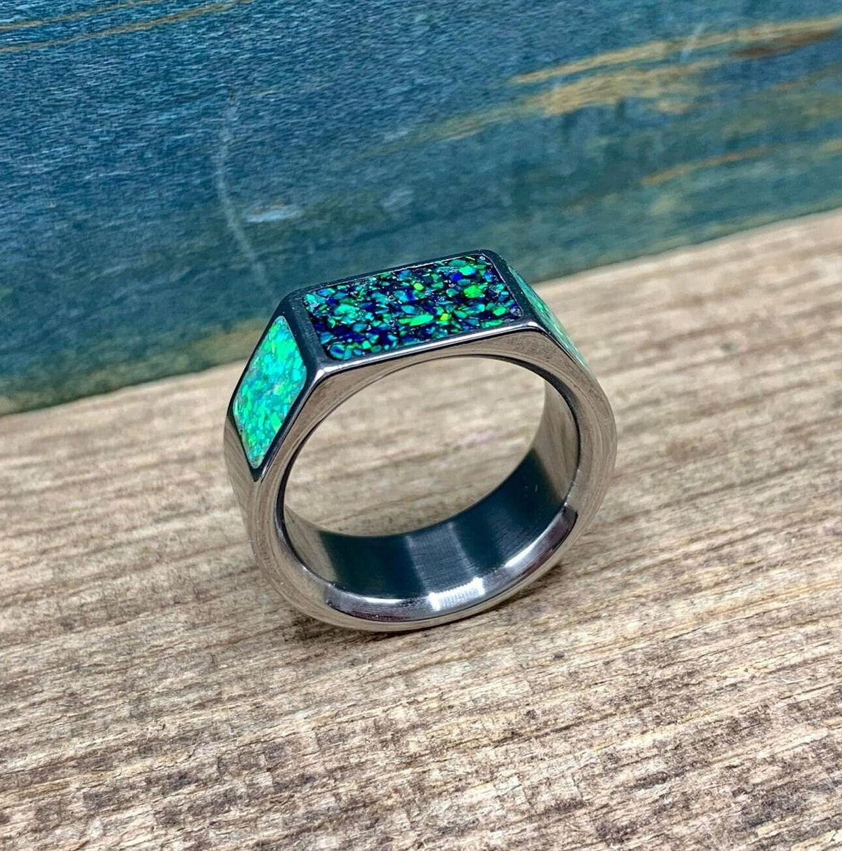 Men's Opal Ring in Titanium - Green Lab Signet Band for Male Engagement