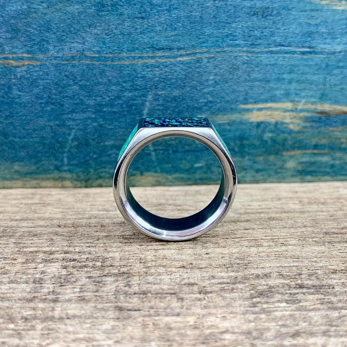 Men's Opal Ring in Titanium - Green Lab Signet Band for Male Engagement