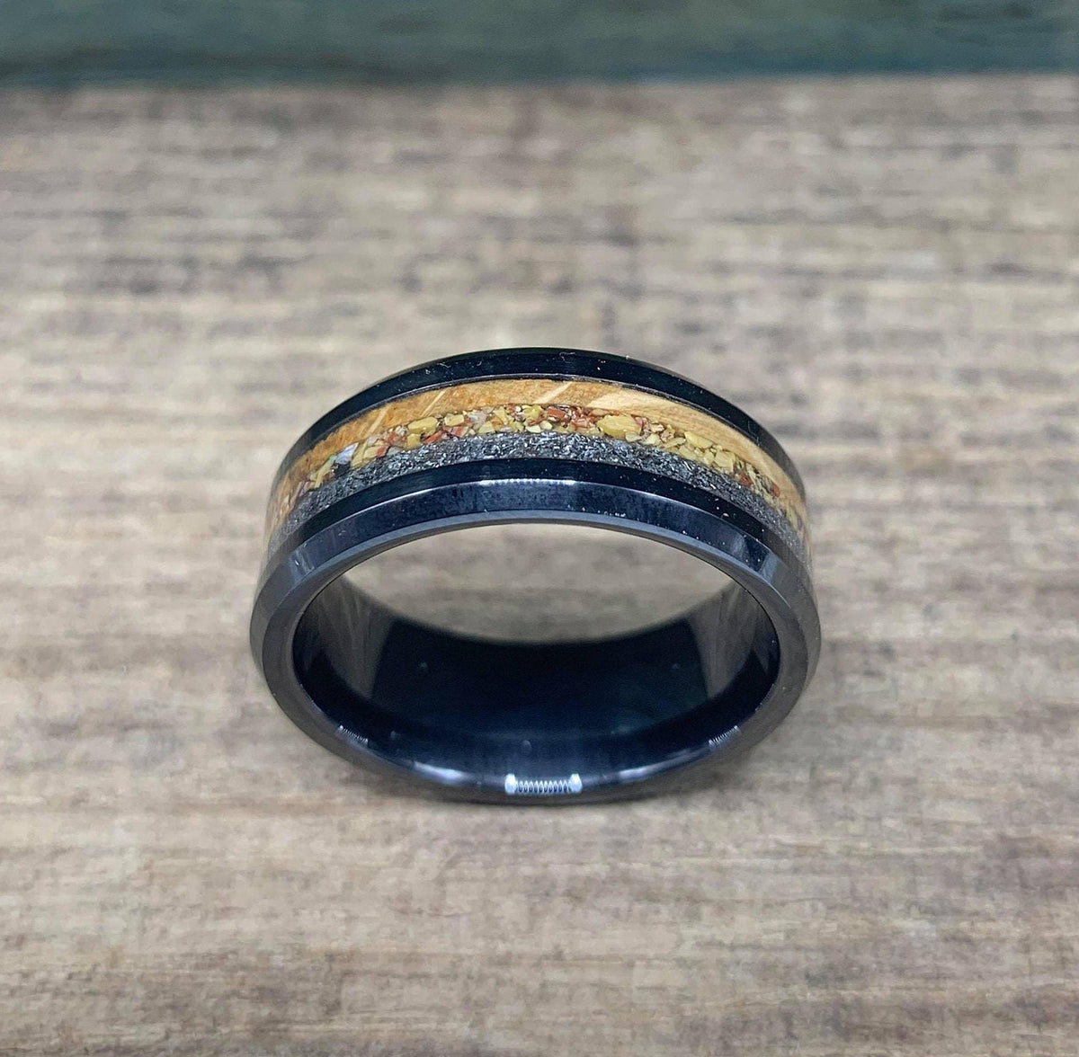 Men's Wedding Band - Black Ceramic Ring with Meteorite, Dinosaur Bone & Whiskey Barrel Wood
