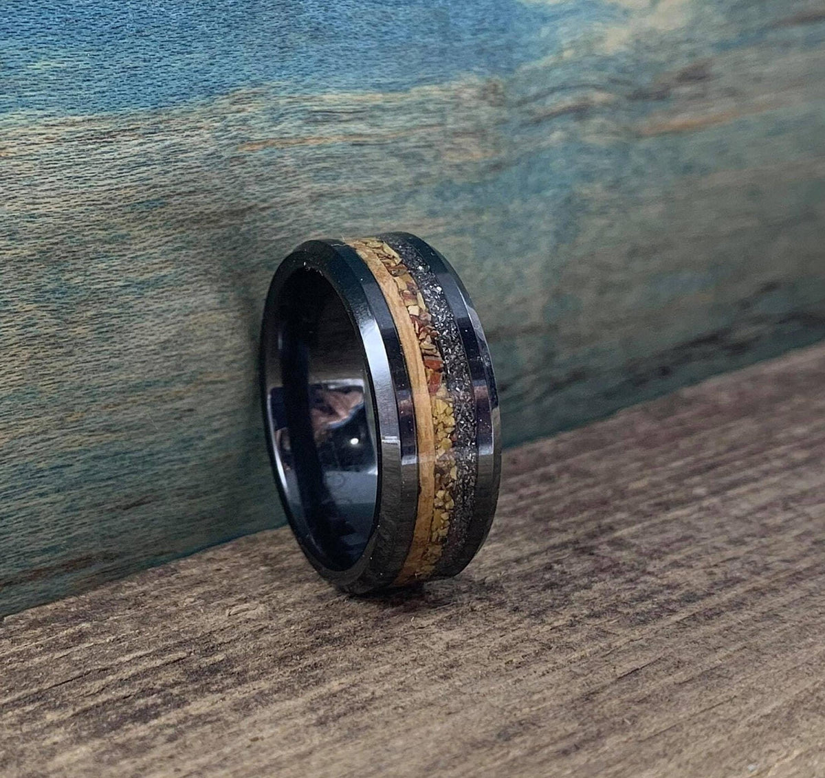 Men's Wedding Band - Black Ceramic Ring with Meteorite, Dinosaur Bone & Whiskey Barrel Wood