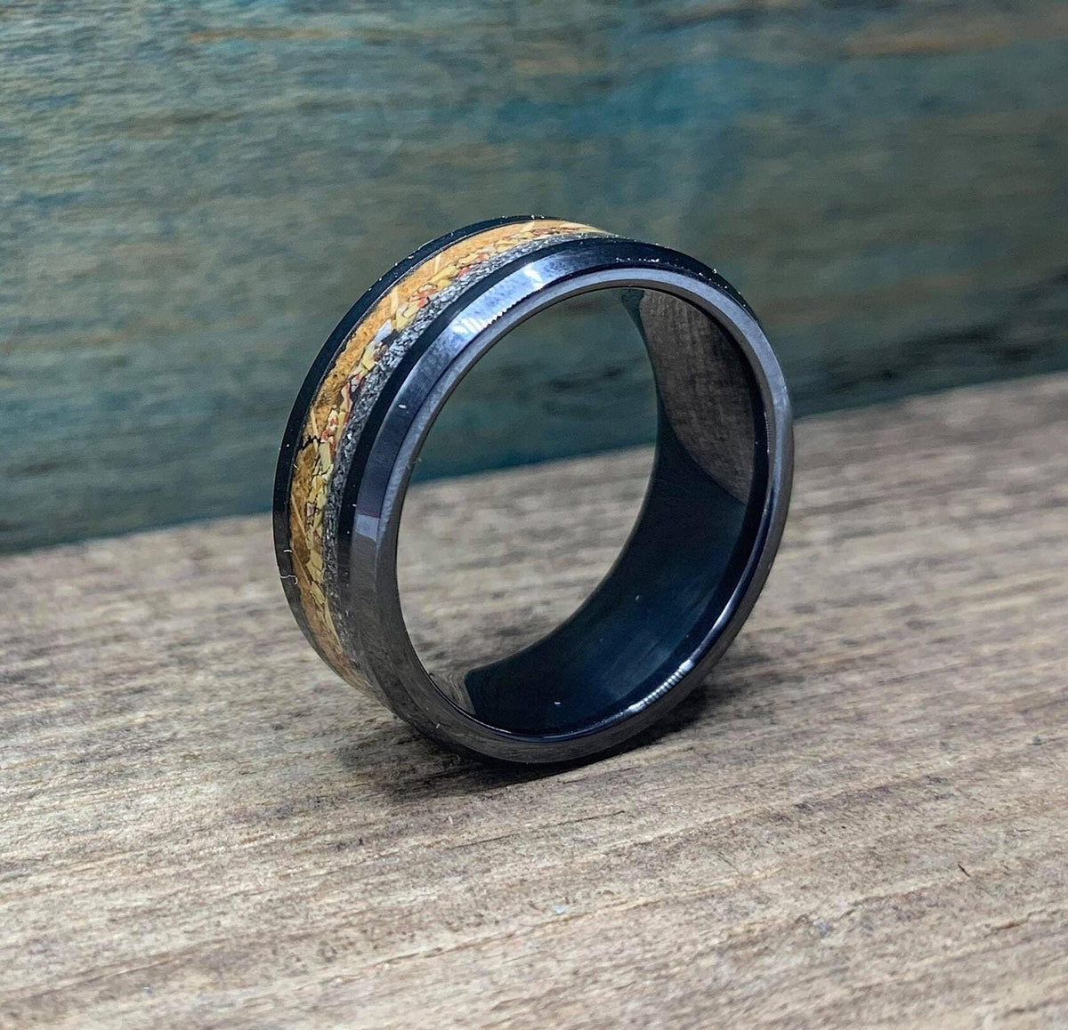 Men's Wedding Band - Black Ceramic Ring with Meteorite, Dinosaur Bone & Whiskey Barrel Wood