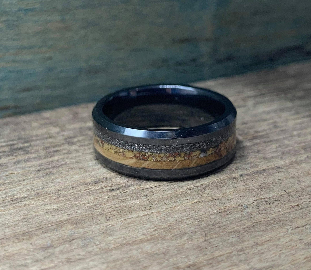 Men's Wedding Band - Black Ceramic Ring with Meteorite, Dinosaur Bone & Whiskey Barrel Wood