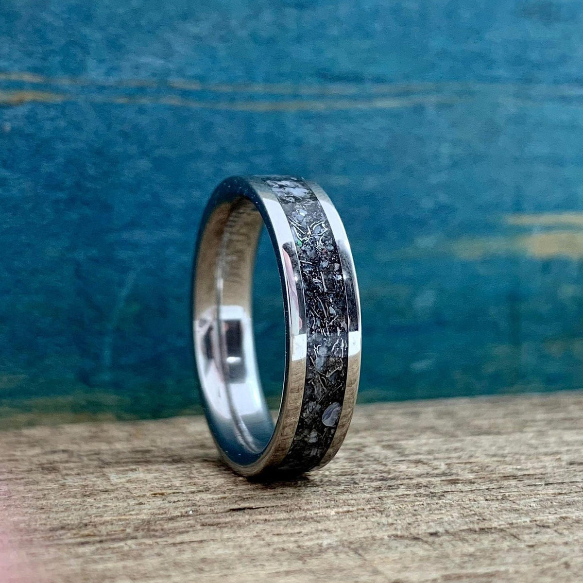 Titanium Ring with Mixed Metals, Pearl and Rose Quartz - Wedding Band - Engraved