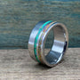 Men's Wedding Band with Green and Yellow Opal Inlays, Titanium Ring
