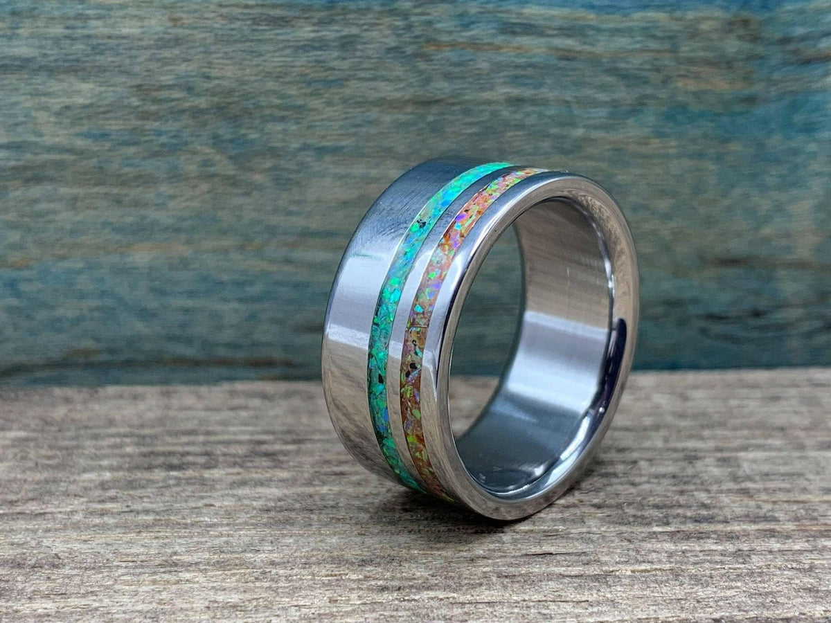 Men's Wedding Band with Green and Yellow Opal Inlays, Titanium Ring
