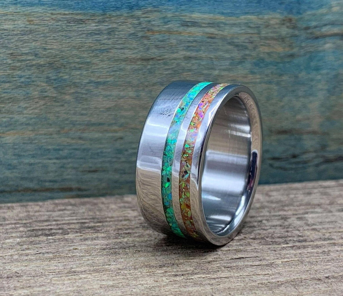 Men's Wedding Band with Green and Yellow Opal Inlays, Titanium Ring