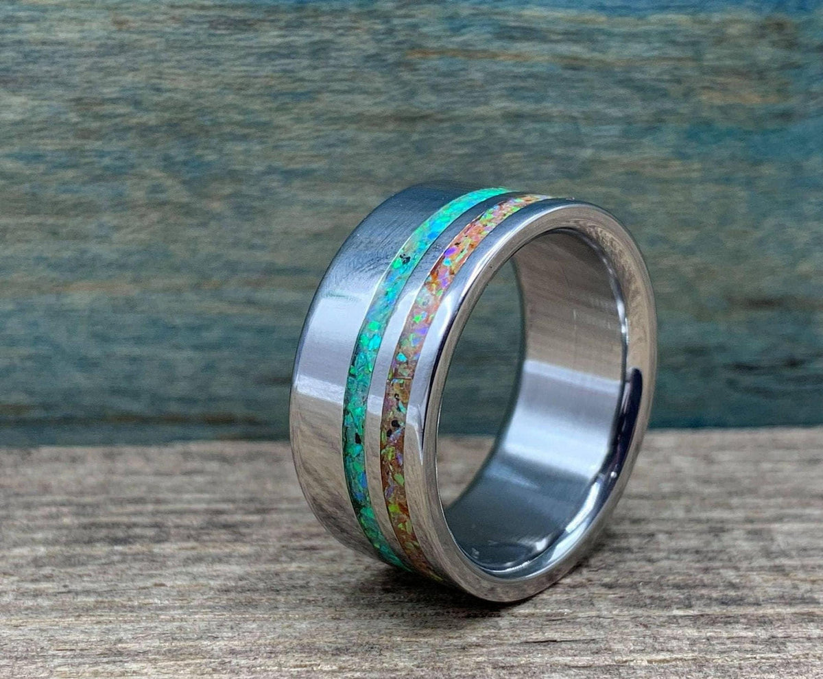 Men's Wedding Band with Green and Yellow Opal Inlays, Titanium Ring