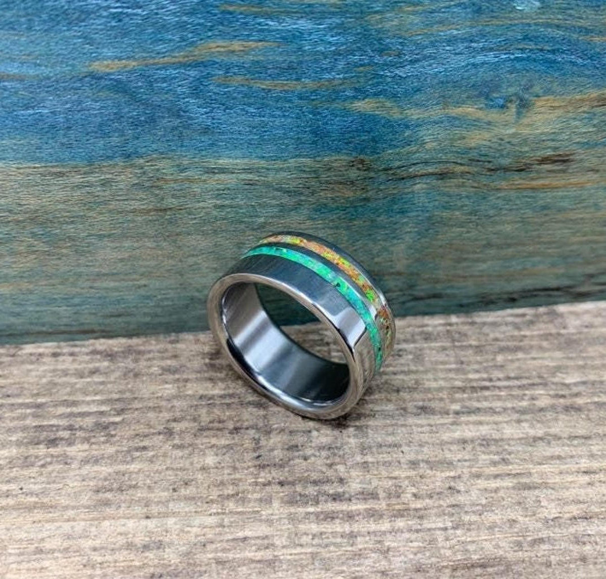 Men's Wedding Band with Green and Yellow Opal Inlays, Titanium Ring