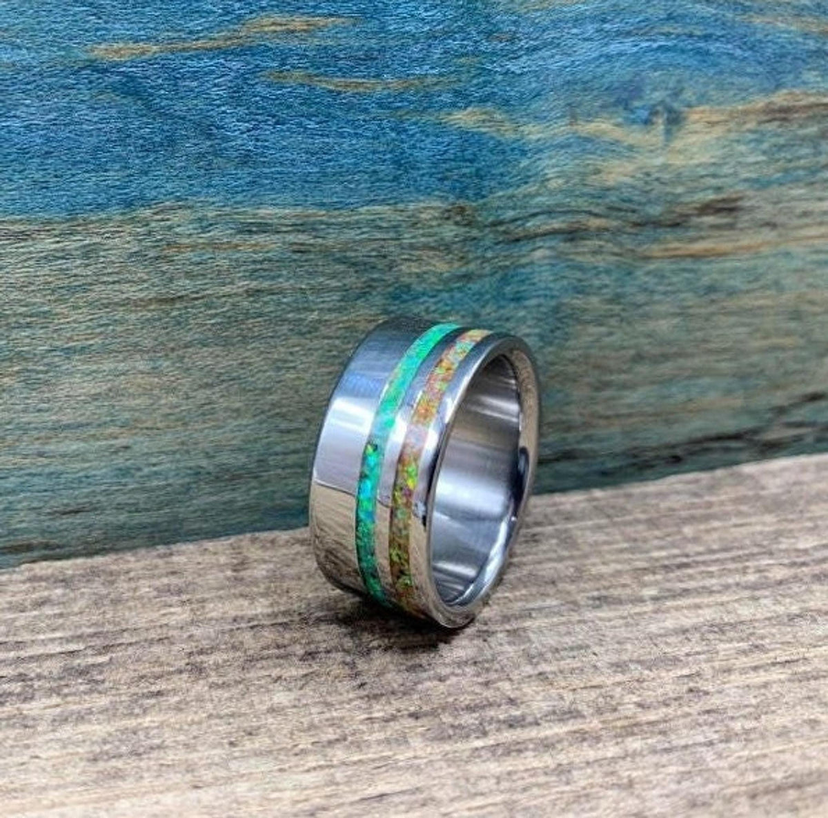 Men's Wedding Band with Green and Yellow Opal Inlays, Titanium Ring