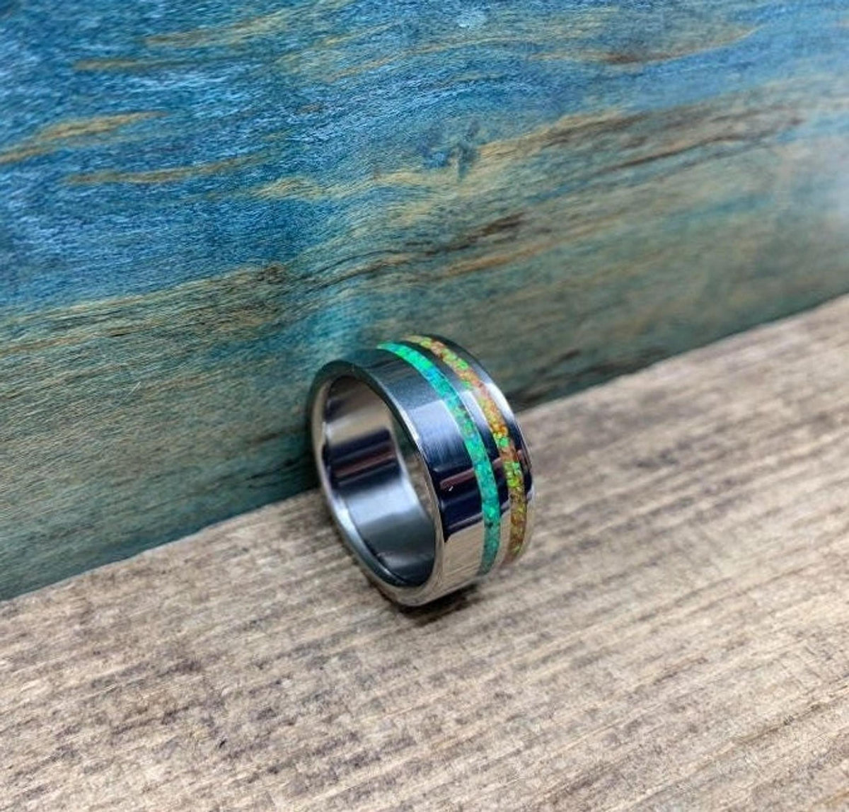 Men's Wedding Band with Green and Yellow Opal Inlays, Titanium Ring