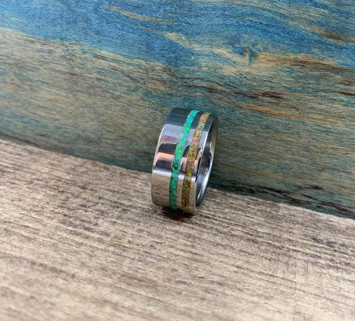 Men's Wedding Band with Green and Yellow Opal Inlays, Titanium Ring