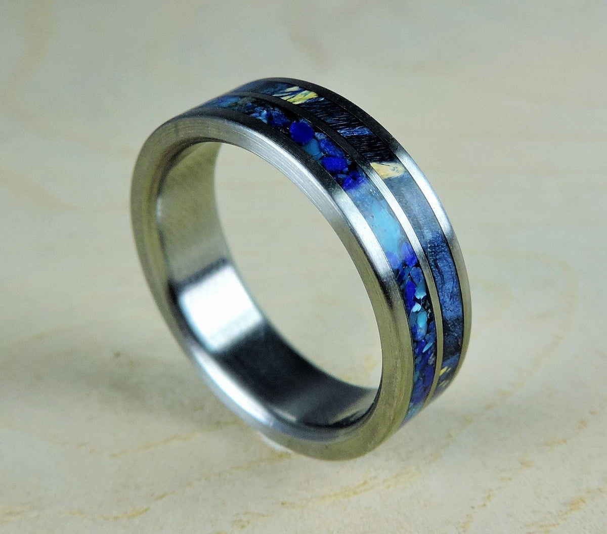Mens Titanium Ring with Blue Box Elder Wood, Turquoise and Lapis Lazuli - Wedding Band