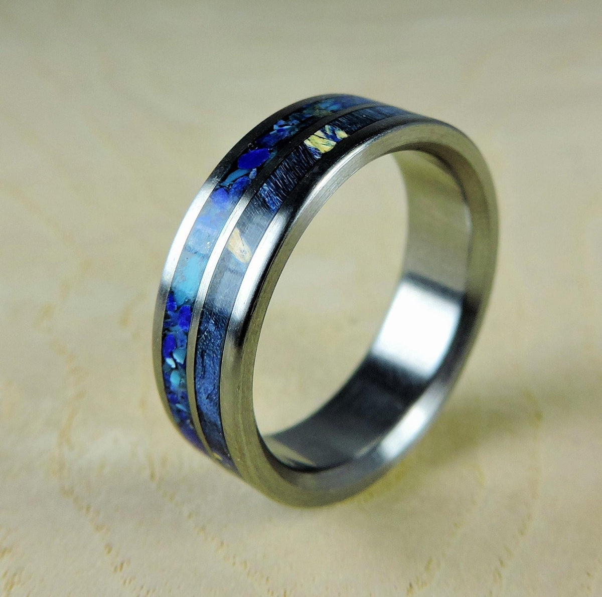 Mens Titanium Ring with Blue Box Elder Wood, Turquoise and Lapis Lazuli - Wedding Band
