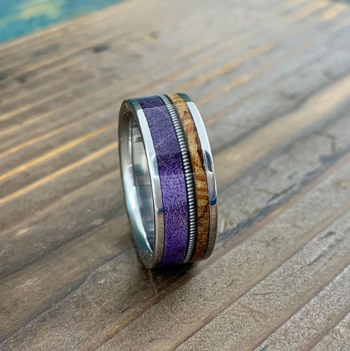 Men's Titanium Ring with Purple Box Elder and Birds Eye Maple Inlay