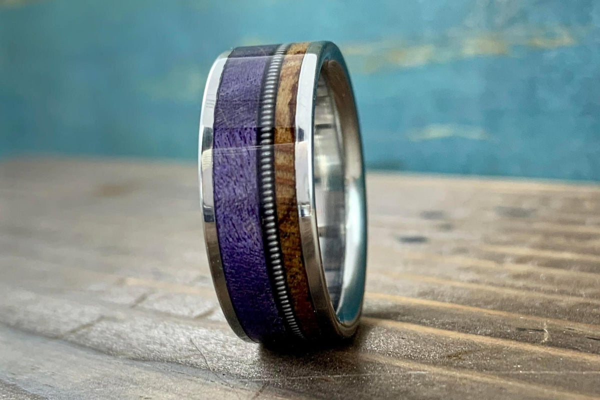 Men's Titanium Ring with Purple Box Elder and Birds Eye Maple Inlay