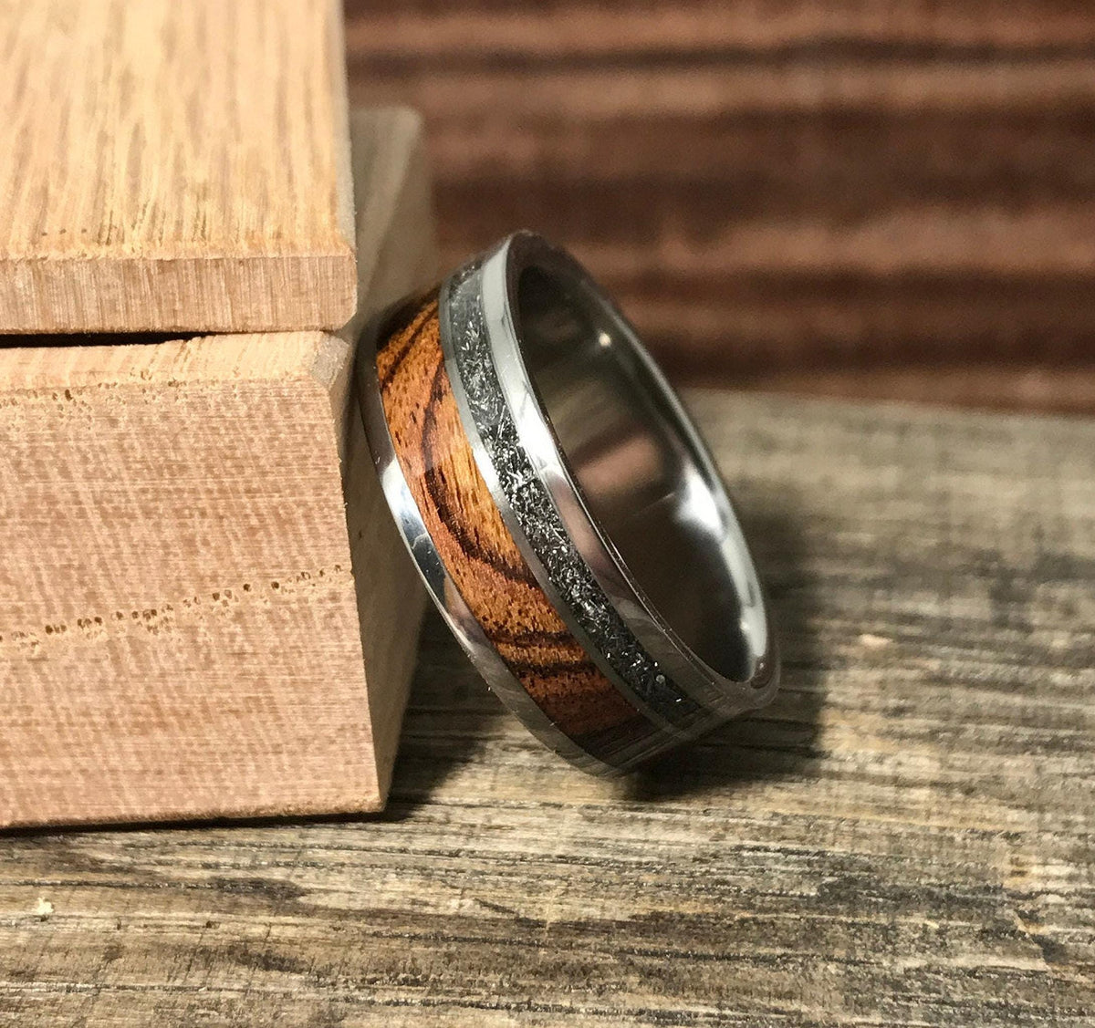 Mens Meteorite Ring - Titanium with Brazilian Wood Inlay - Wedding Band