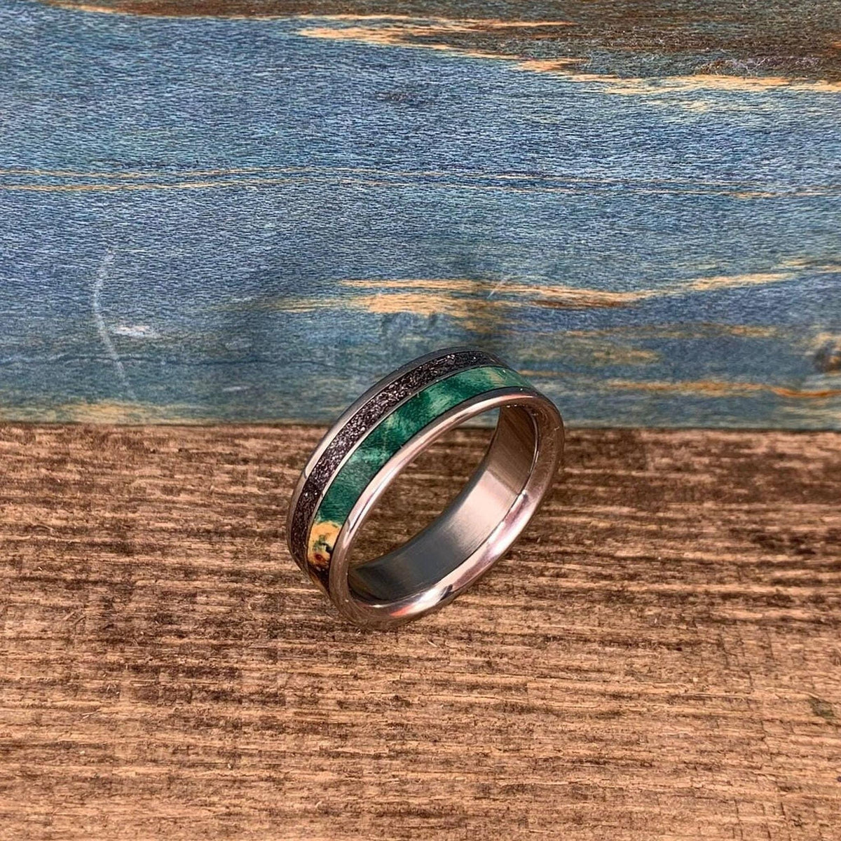 Meteorite Ring with Green Box Elder Wood - Men's Titanium Wedding Band