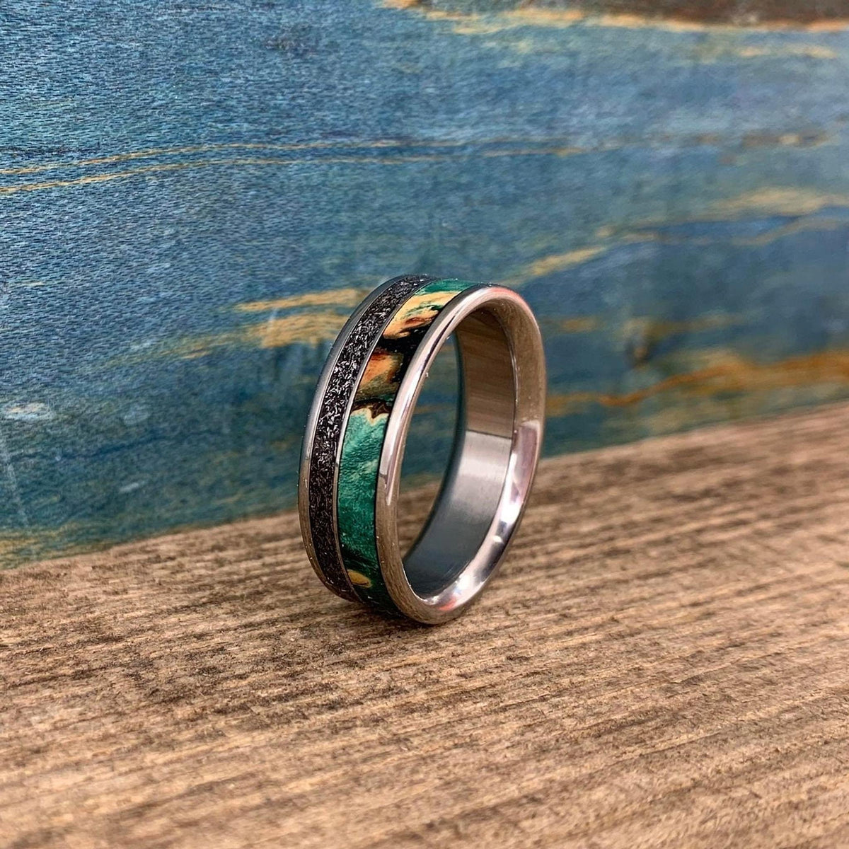 Meteorite Ring with Green Box Elder Wood - Men's Titanium Wedding Band