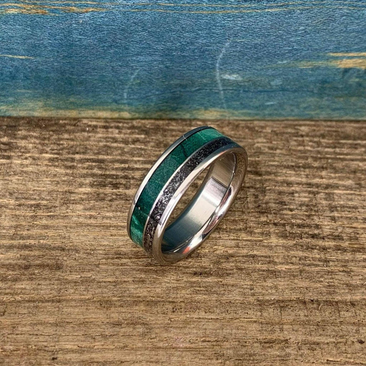 Meteorite Ring with Green Box Elder Wood - Men's Titanium Wedding Band