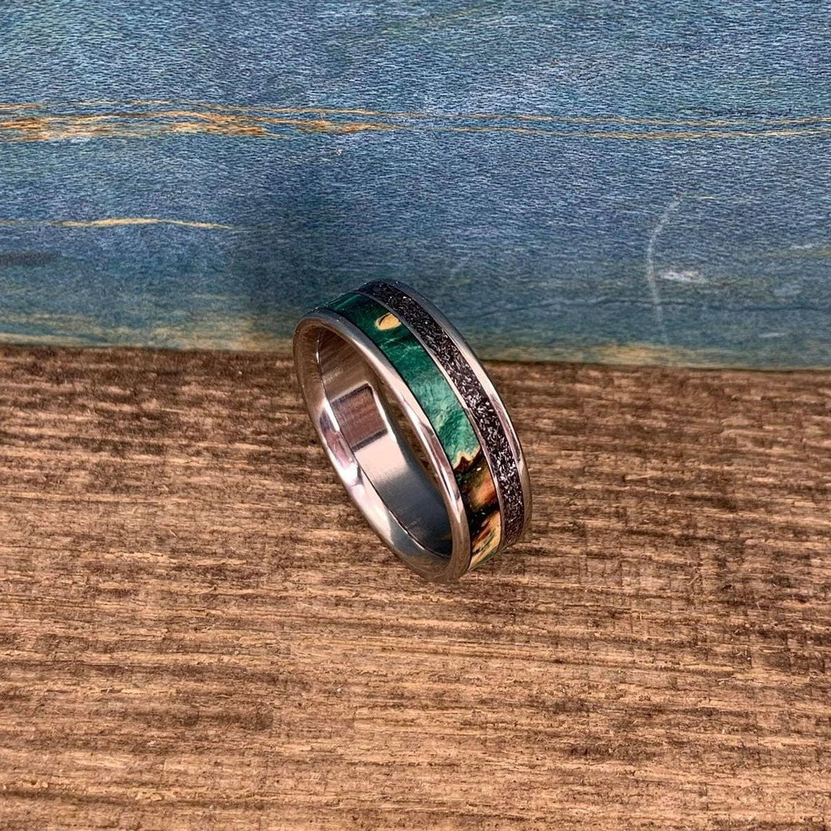 Meteorite Ring with Green Box Elder Wood - Men's Titanium Wedding Band