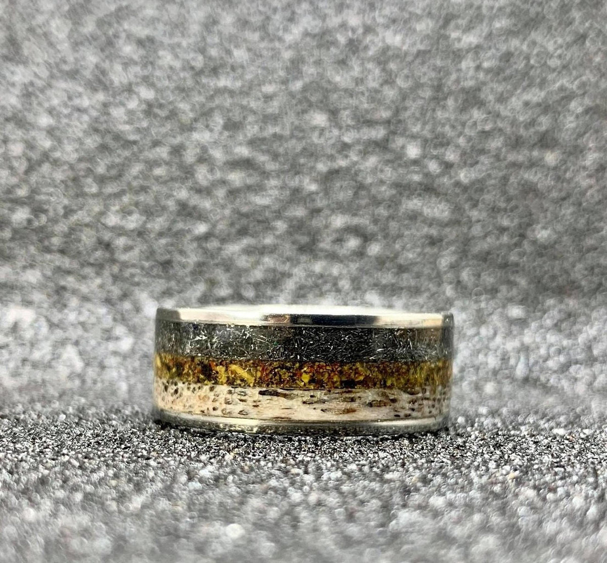 Meteorite Ring with Deer Antler and Dinosaur Bone Inlay - Custom Titanium Wedding Band
