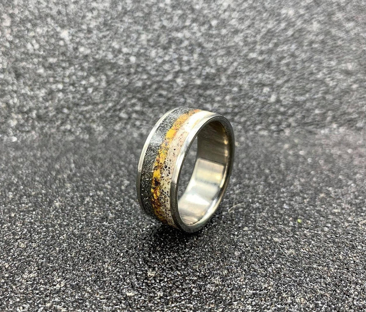 Meteorite Ring with Deer Antler and Dinosaur Bone Inlay - Custom Titanium Wedding Band