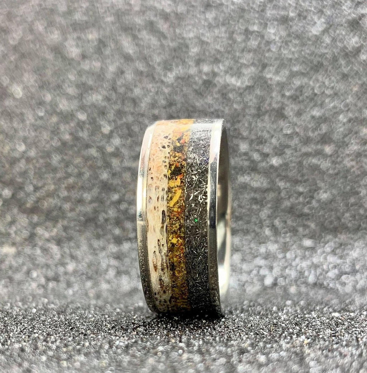 Meteorite Ring with Deer Antler and Dinosaur Bone Inlay - Custom Titanium Wedding Band