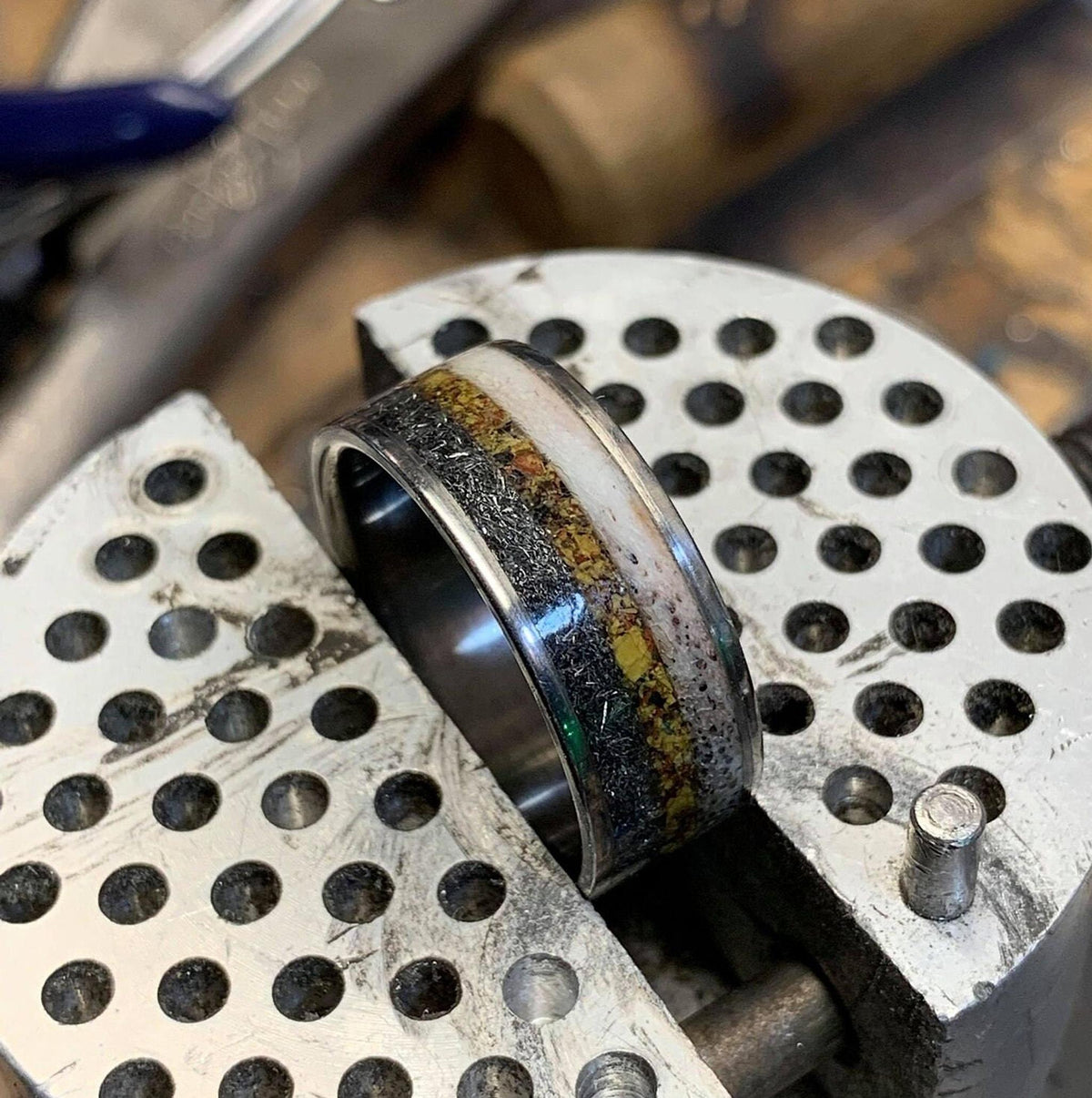 Meteorite Ring with Deer Antler and Dinosaur Bone Inlay - Custom Titanium Wedding Band