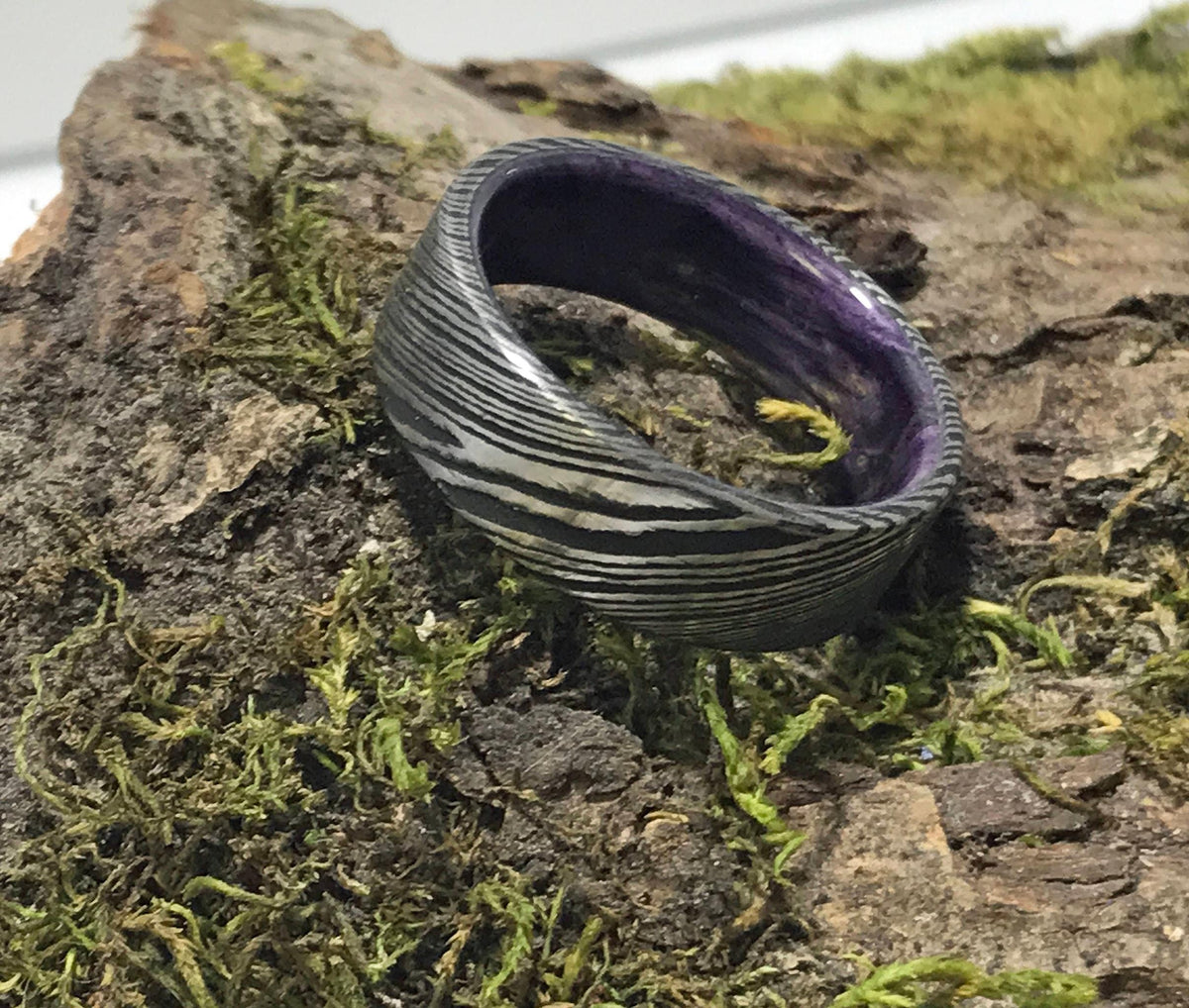 Damascus Steel Ring with Purple Box Elder Wood - Custom Made to Order Wedding Band
