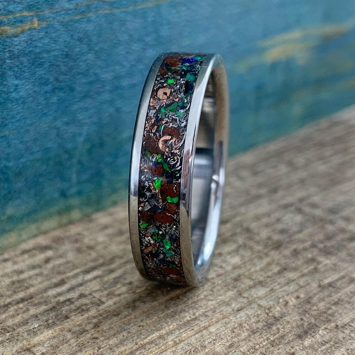 Titanium Ring with Green Opal and Meteorite Inlay - Wedding Band - Engraved