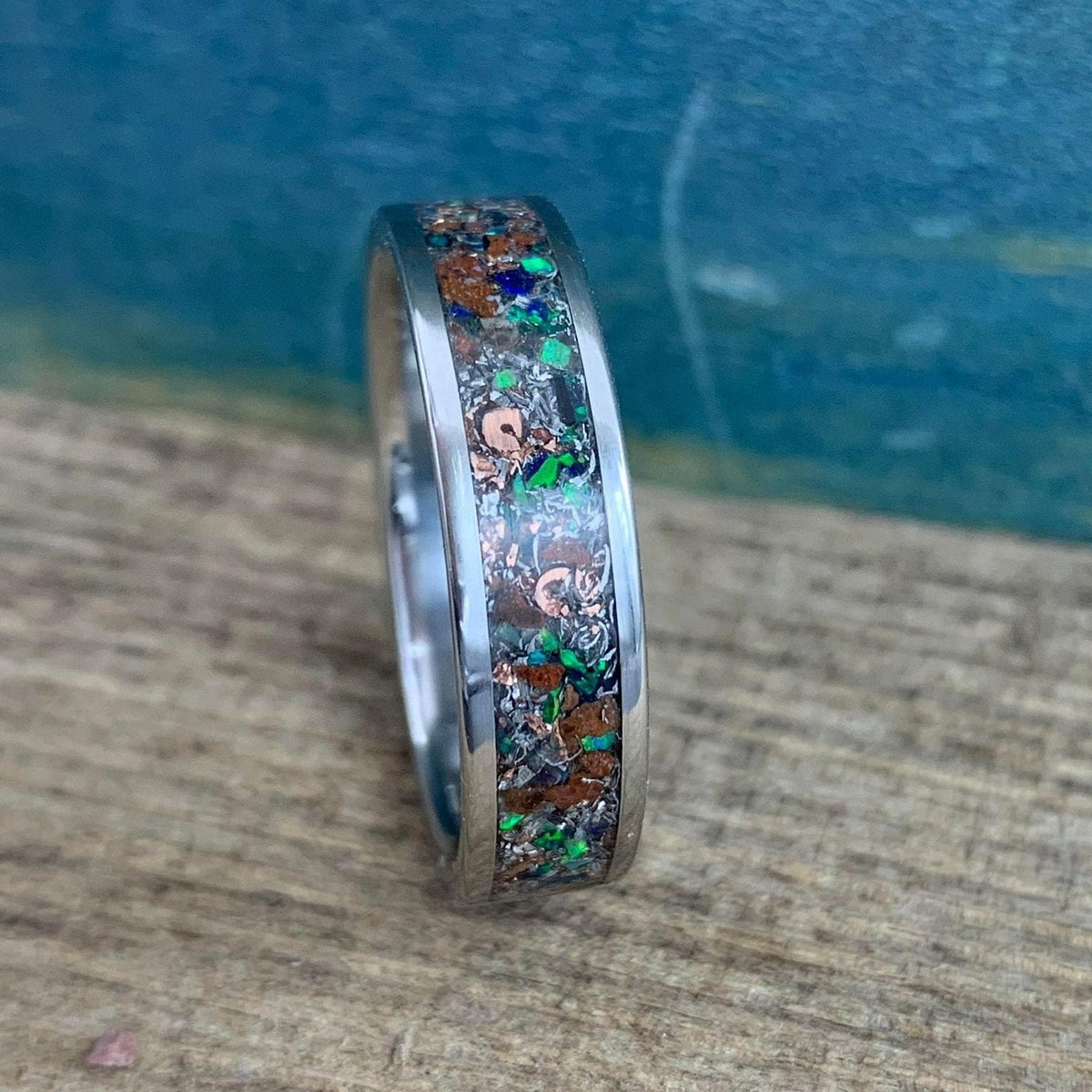 Titanium Ring with Green Opal and Meteorite Inlay - Wedding Band - Engraved