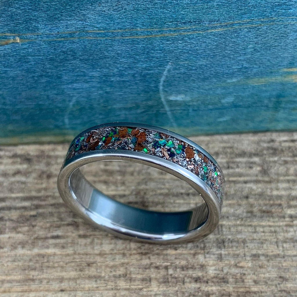 Titanium Ring with Green Opal and Meteorite Inlay - Wedding Band - Engraved