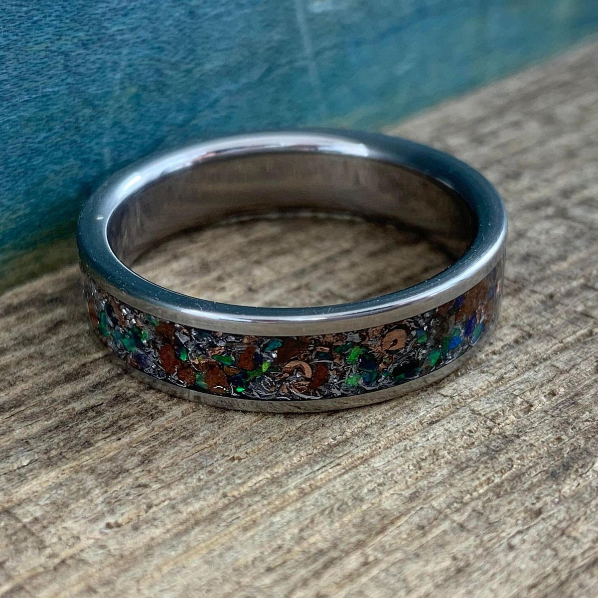 Titanium Ring with Green Opal and Meteorite Inlay - Wedding Band - Engraved