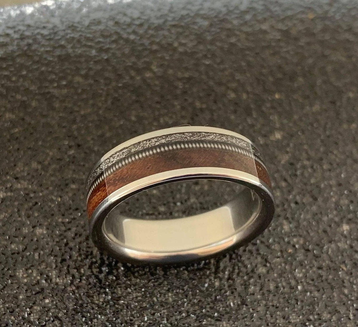Mens Wedding Band with Meteorite, Rosewood and Guitar String - Engraved Ring