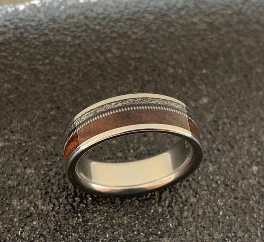 Mens Wedding Band with Meteorite, Rosewood and Guitar String - Engraved Ring