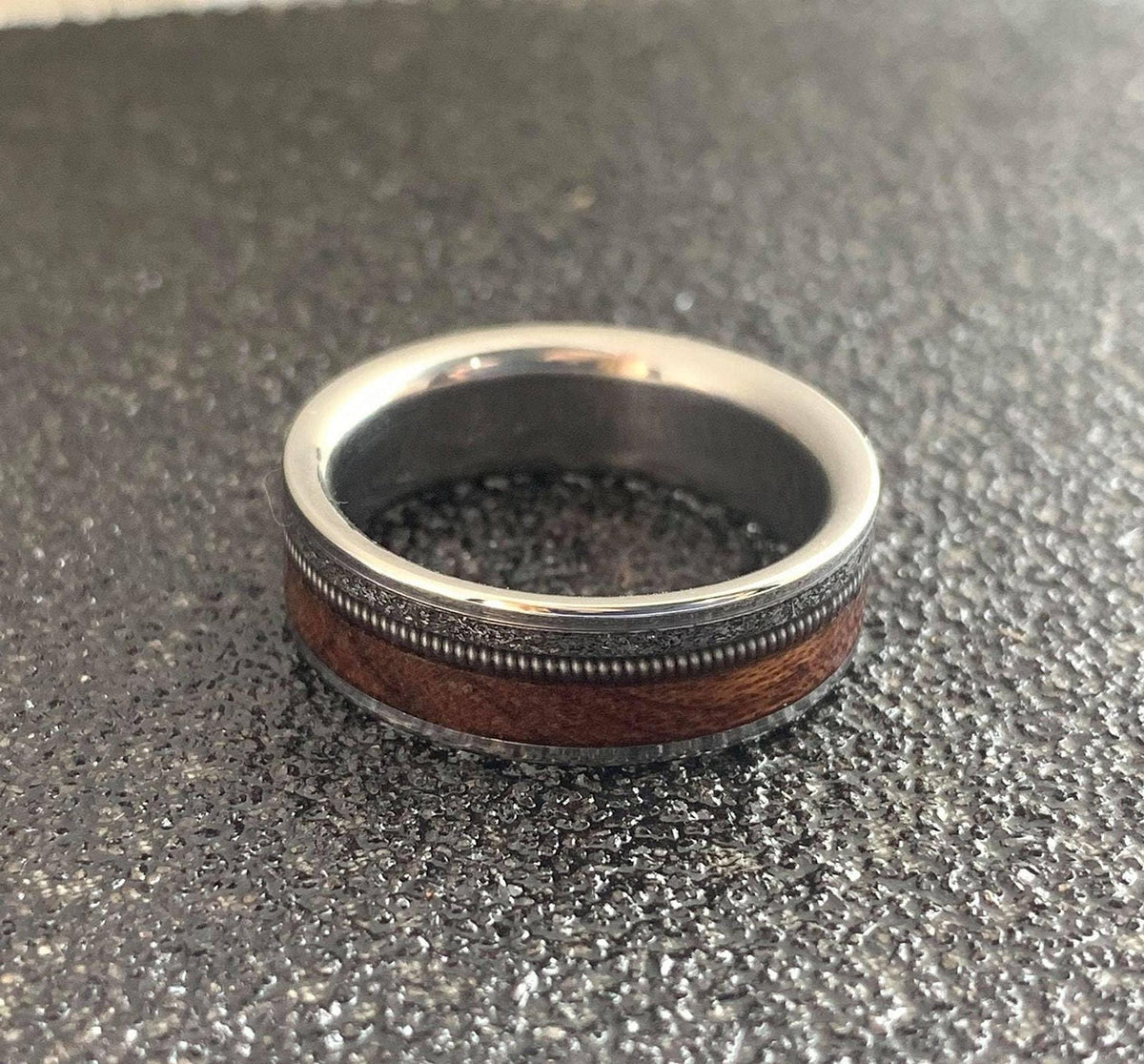 Mens Wedding Band with Meteorite, Rosewood and Guitar String - Engraved Ring