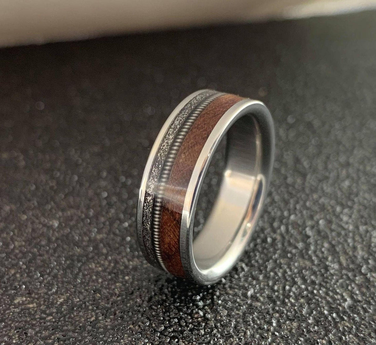 Mens Wedding Band with Meteorite, Rosewood and Guitar String - Engraved Ring